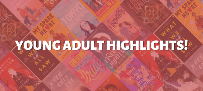 The text 'YOUNG ADULT HIGHLIGHTS' in white against a pink-tinted multi-coloured background