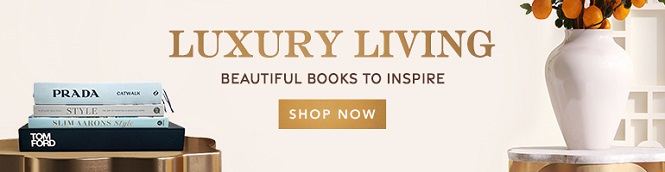 Luxury Living - Shop Now - banner with books, vase and fruit.