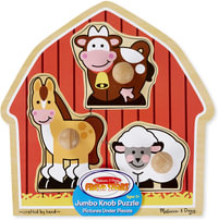 Barnyard Animals - Jumbo Knob Wooden Puzzle : 3-Piece Wooden Puzzle with Horse, Cow, and Sheep - Melissa & Doug