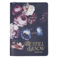 Christian Art Gifts Navy Blue Vegan Leather Zipped Journal, Inspirational Women's Notebook Be Still Scripture, Flexible Cover, 336 Ruled Pages, Ribbon - Christian Art Gifts