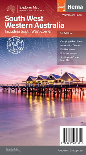 South West Western Australia Map : A regional map for discovering the spectacular coastline, great surfing beaches, flowing rivers, tall forests, wineries, farms, quaint towns, bustling cities and numerous other attractions in this beautiful part of Australia.. - Hema Maps Australia