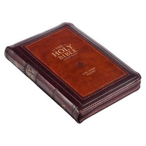 KJV Holy Bible, Compact Faux Leather Red Letter Edition - Ribbon Marker, King James Version, Burgundy/Saddle Tan, Zipper Closure - Christian Art Gifts